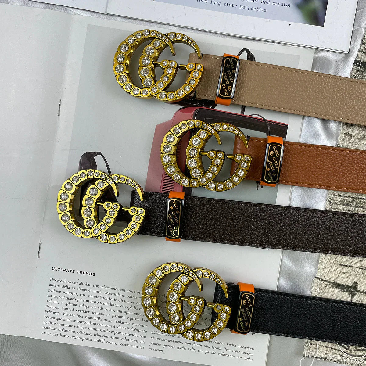 2025 belt 4 Colors double-G rhinestone double-sided lychee pattern belt