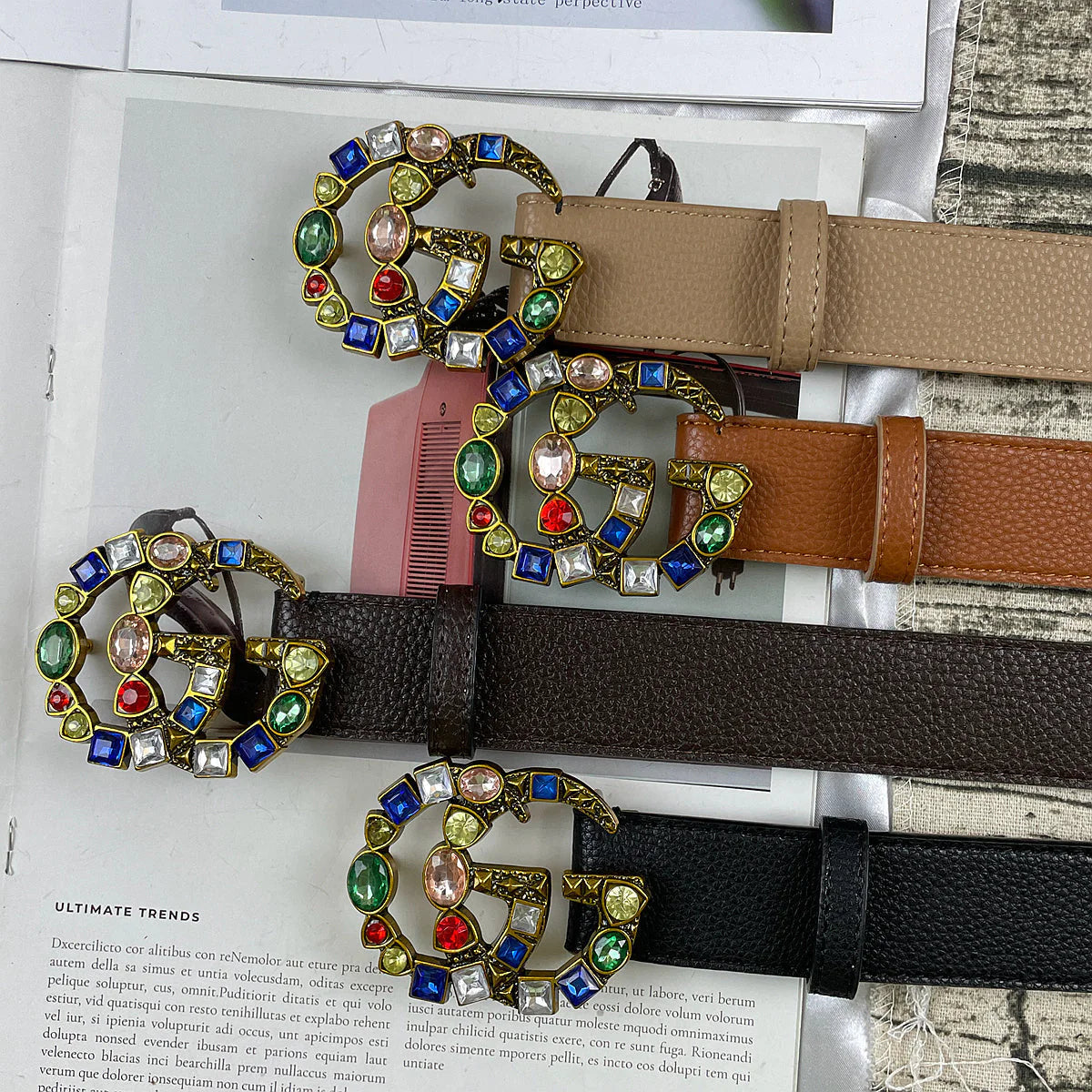 2025 belt 4 Colors seven-color rhinestone double-sided lychee pattern belt