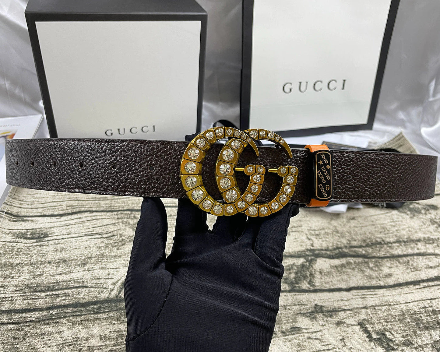 2025 4 Colors double-G rhinestone double-sided lychee pattern belt