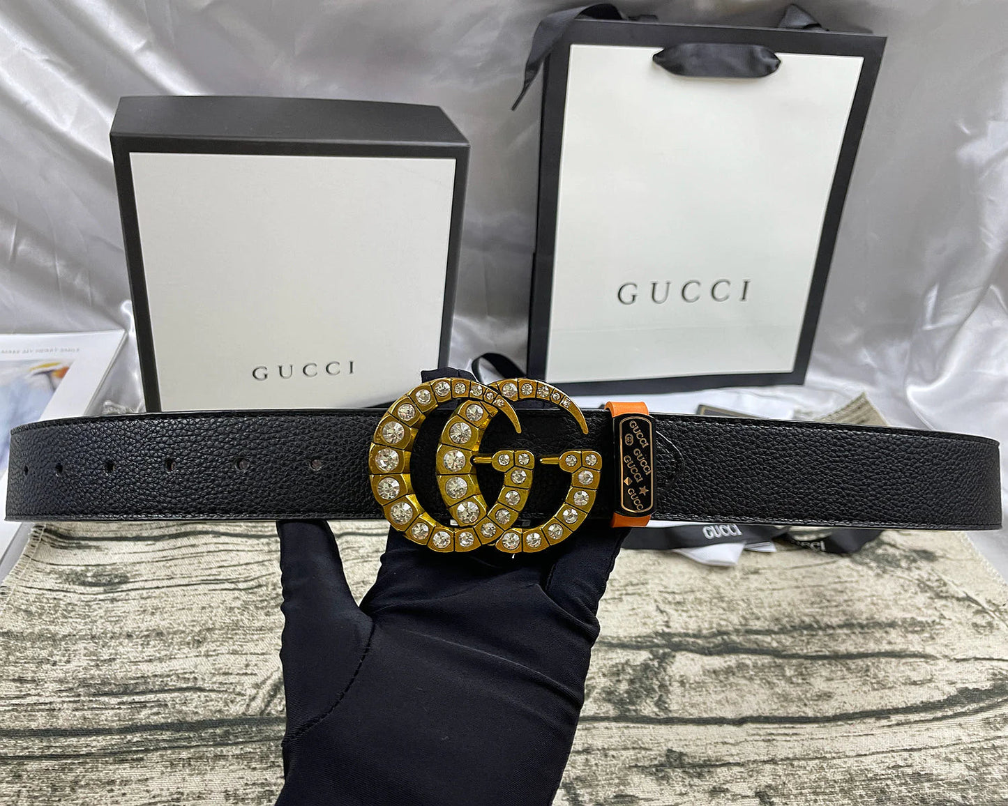 2025 4 Colors double-G rhinestone double-sided lychee pattern belt