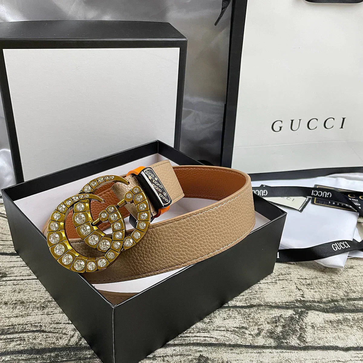 2025 belt 4 Colors double-G rhinestone double-sided lychee pattern belt