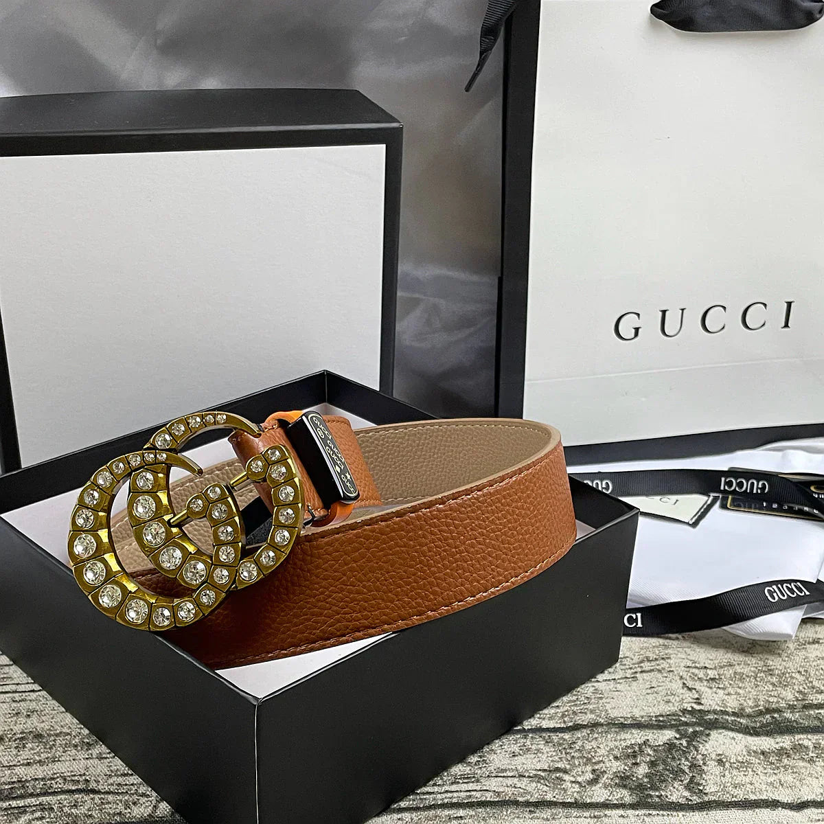 2025 belt 4 Colors double-G rhinestone double-sided lychee pattern belt