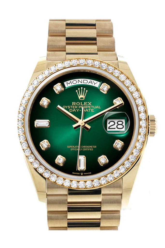 Day-Date 36 Green Ombré Dial Gold Diamond Bezel Watch 128348RBR-0035 128348RBR
