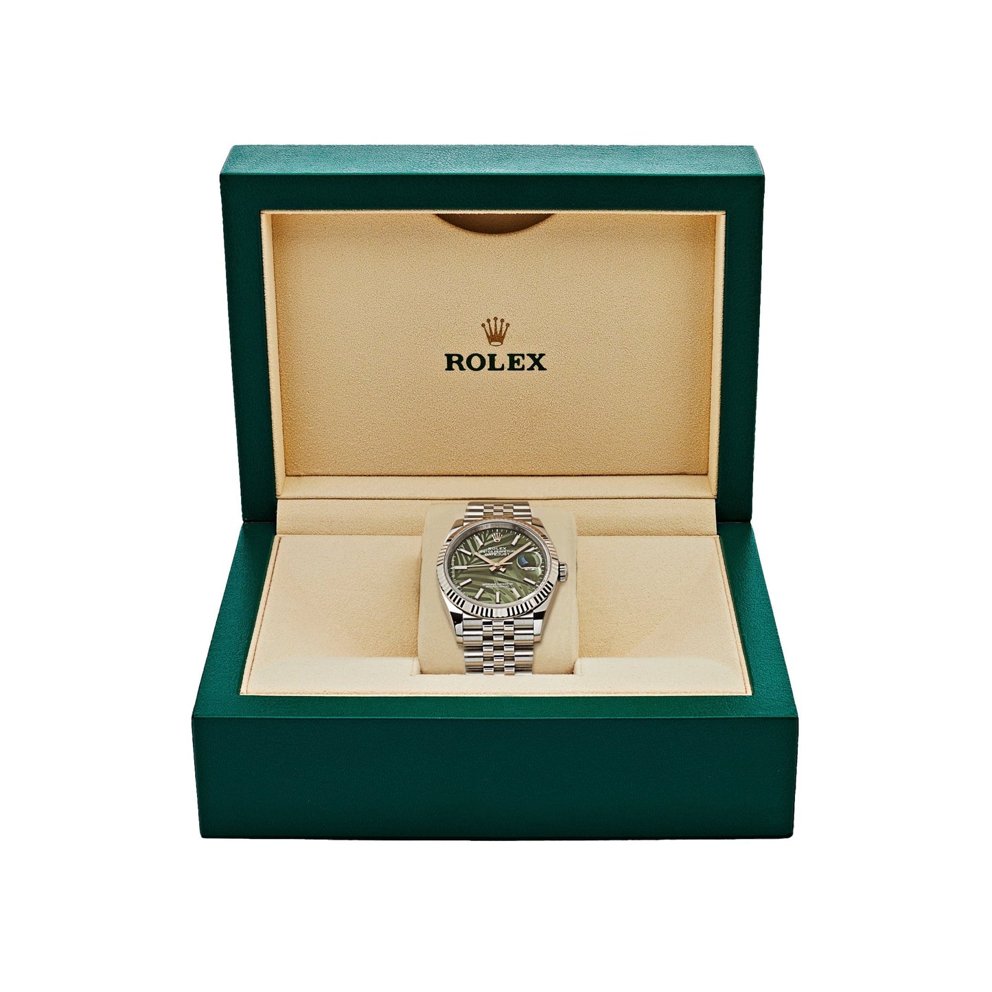 2025 Watch Datejust 126234 White Gold Stainless Steel Olive Green Palm Motif Dial