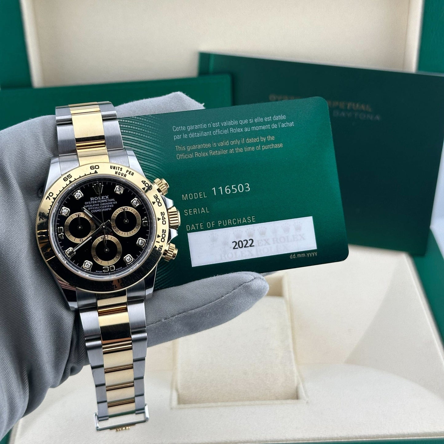 2025 Watch Daytona 116503 Yellow Gold Stainless Steel Black Diamond Dial (2022)