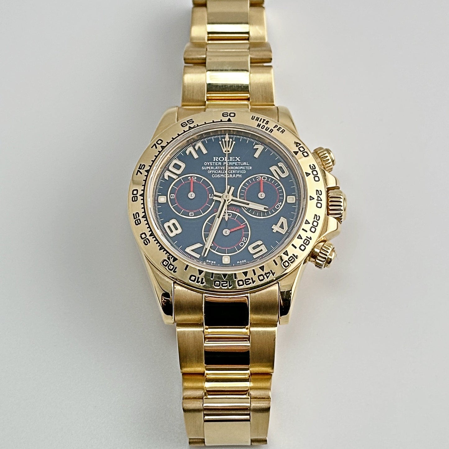 2025 Watch Daytona 116508 Yellow Gold Blue Racing Arabic Dial