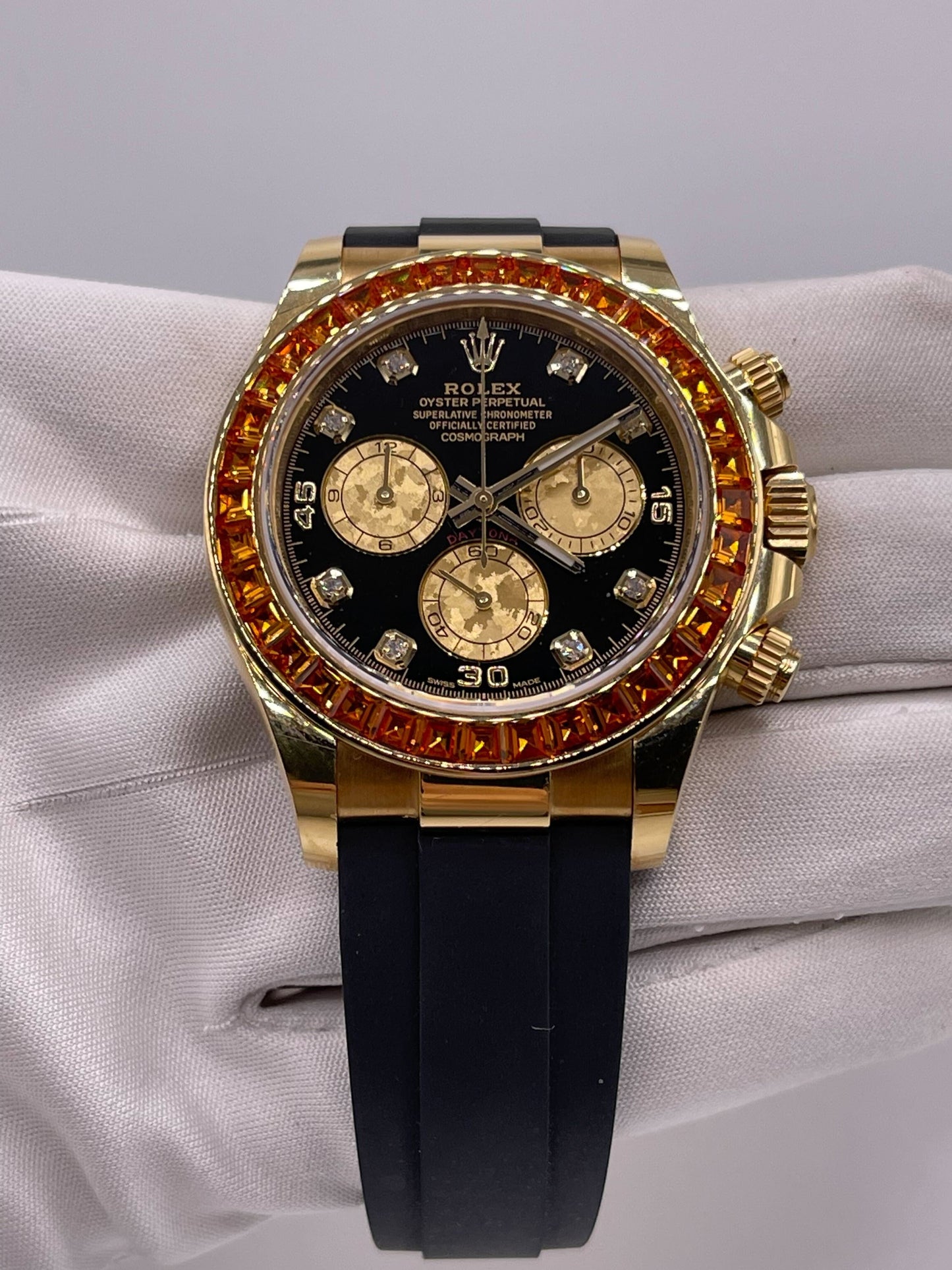 2025 Watch Daytona 116588SACO Yellow Gold Orange Sapphire Bezel Black Diamond Dial