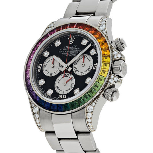 2025 Watch Daytona 116599RBOW 'Rainbow' White Gold Black Diamond Dial Sapphire Bezel